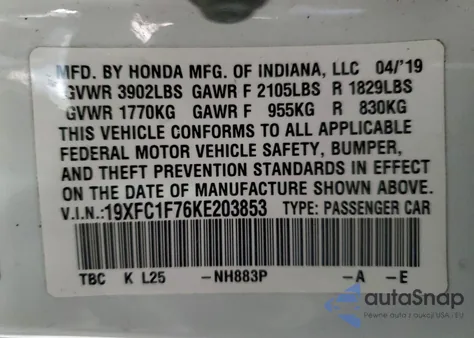 2019 Honda Civic Exl from USA, damaged, VIN 19XFC1F76KE203853